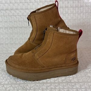 UGG Camel Suede Neumel Platform Boots with Red Accents